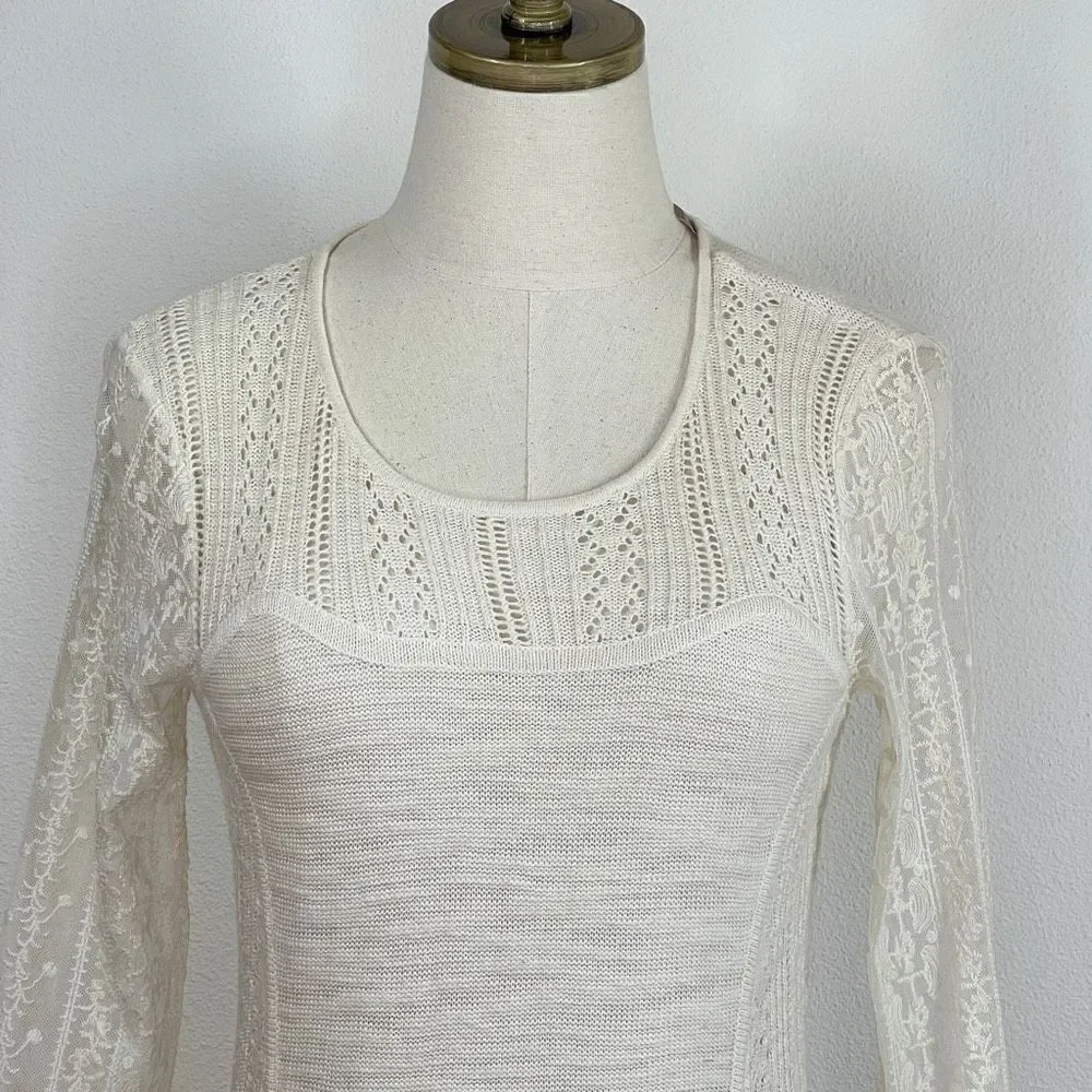 Knitted & Knotted Anthropologie Cream Sweater with Lace Sleeves and Open Knit Si
